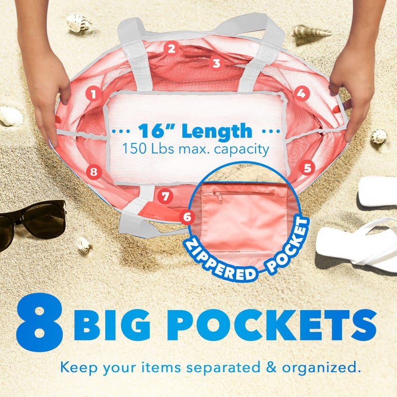 Dejaroo - Sand Free Mesh Bag - Strong Lightweight Tote For Beach & Vacation Essentials. Tons of Storage with 8 Pockets, Foldable, 17x9x15 inches, Peach with White Straps - Image 3